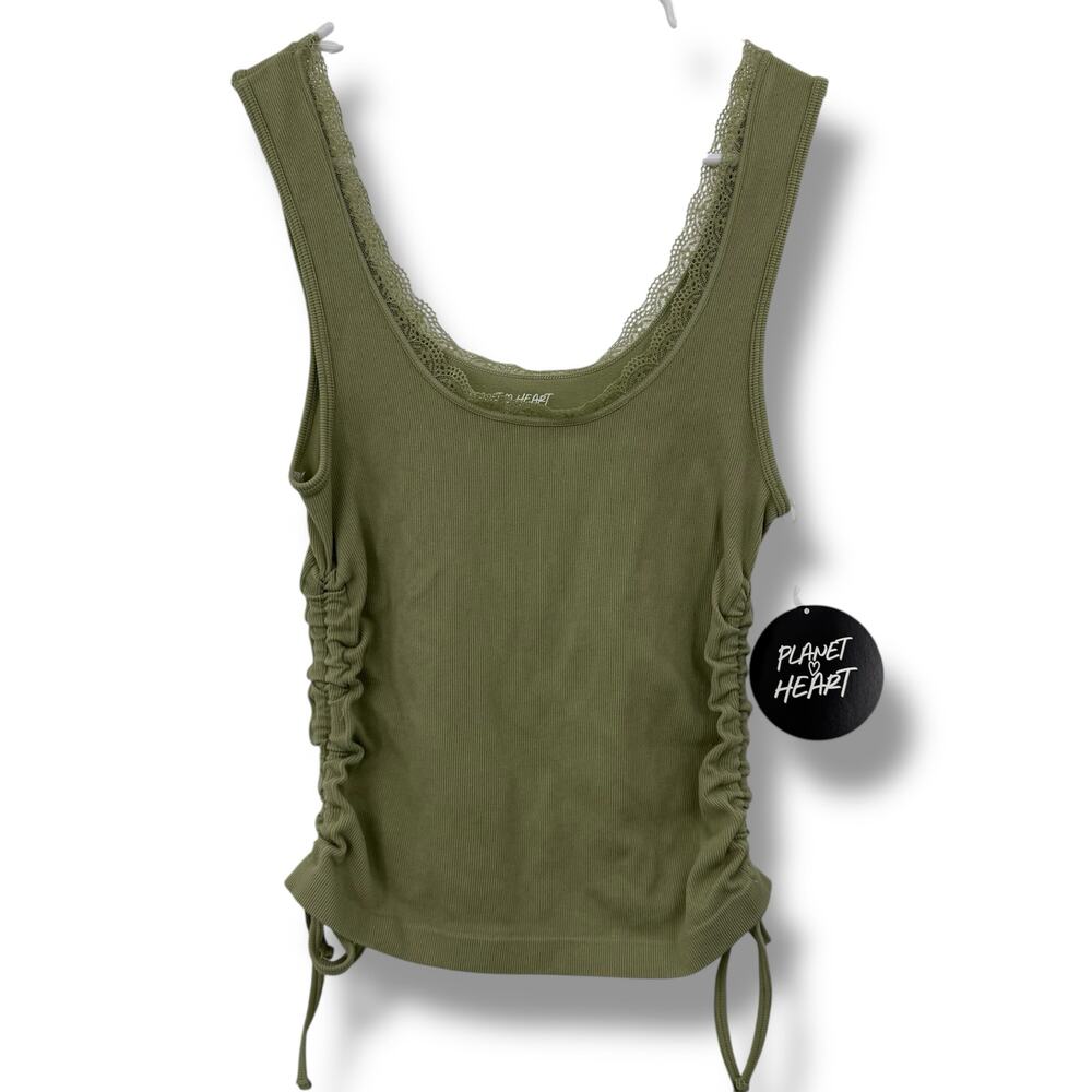 NEW Macy's Planet Heart Olive Green Tank Top Size Small Cinched Side Cropped NWT